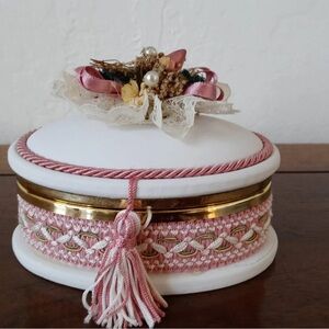 Vintage Floral Porcelain Jewelry Box Pink Lace Gold Trim Cottagecore Trinket Box
